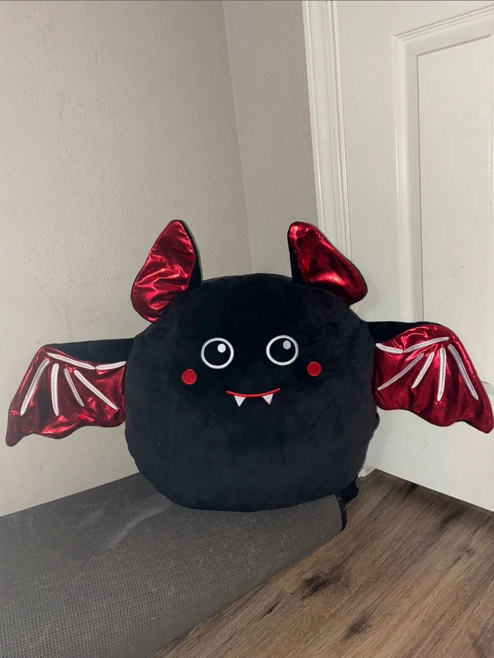 Plush Black and Red Bat Pillow - Cute Vampire Wing Accent